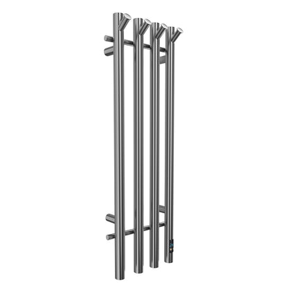Luxury Silver 4-Bar Heated Towel Rack with Timer mounted in a bathroom