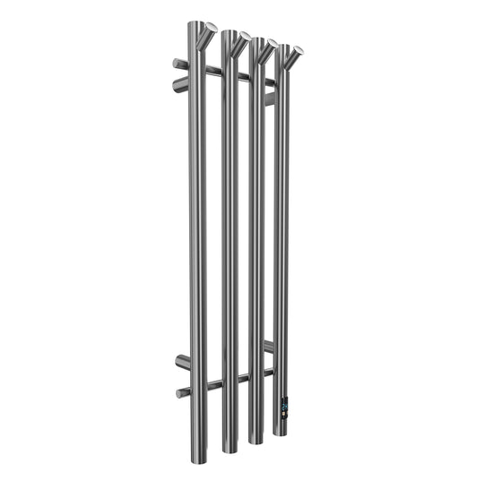 Electric Heated Towel Rack With Timer - Silver,  Wall-Mounted Towel Warmer, 4 Vertical Bars, Plug-In or Hardwired, Round Luxury Design