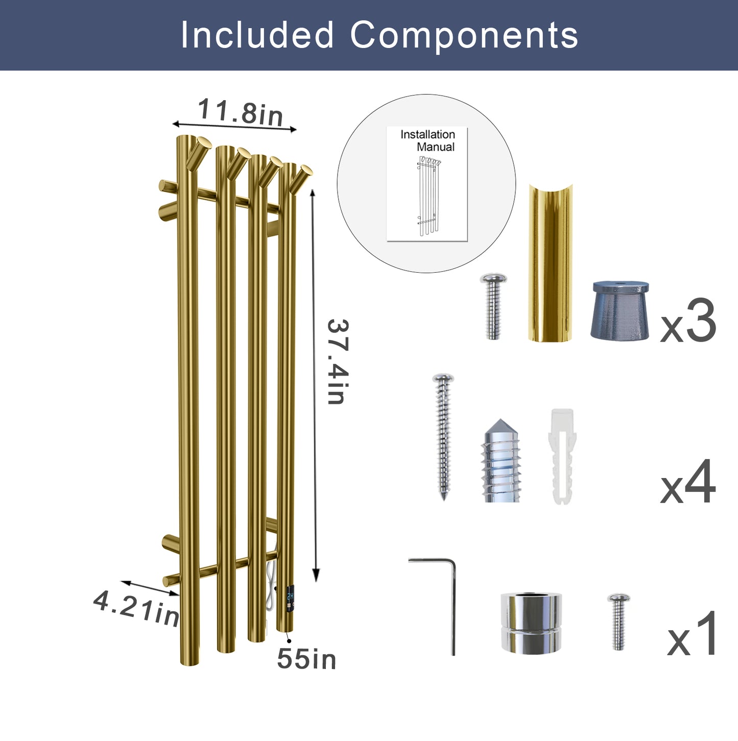 Electric Heated Towel Rack With Timer - Gold,  Wall-Mounted Towel Warmer, 4 Vertical Bars, Plug-In or Hardwired, Round Luxury Design