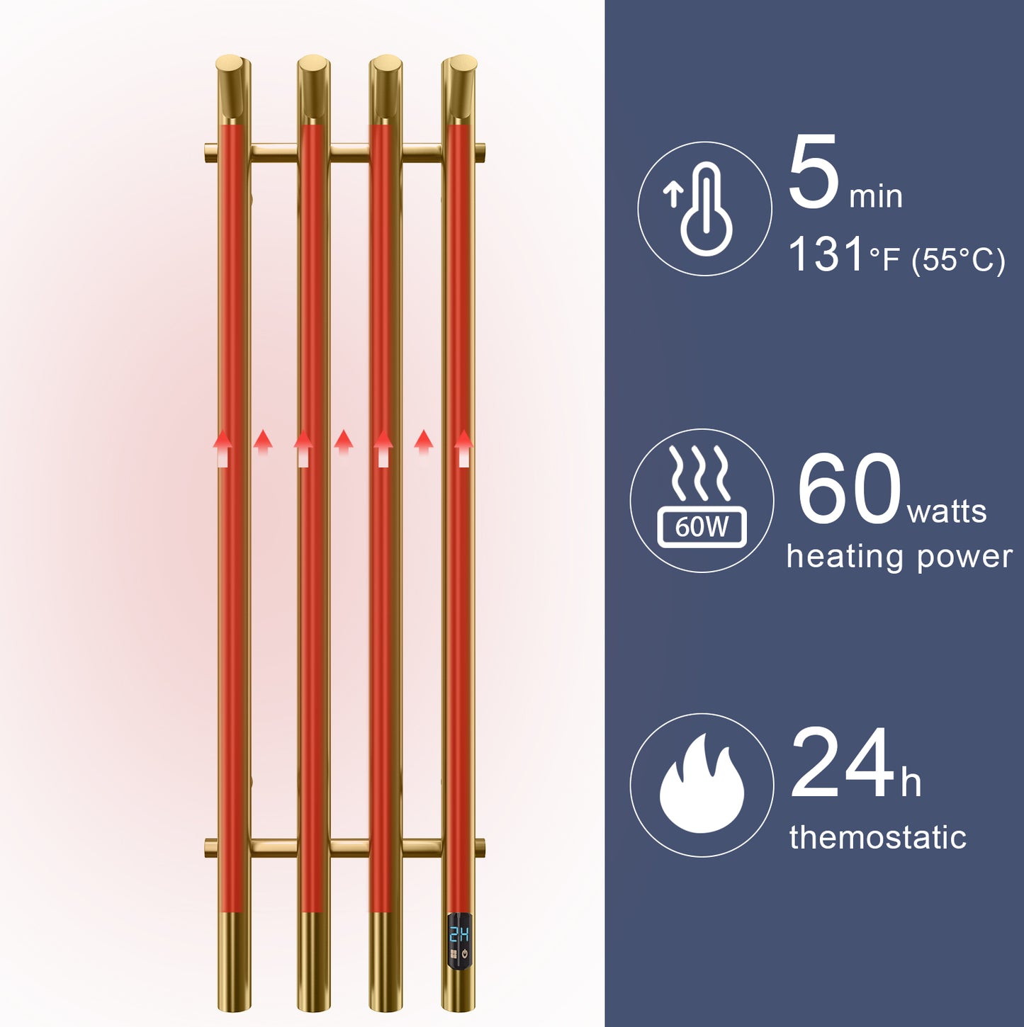 Electric Heated Towel Rack With Timer - Gold,  Wall-Mounted Towel Warmer, 4 Vertical Bars, Plug-In or Hardwired, Round Luxury Design