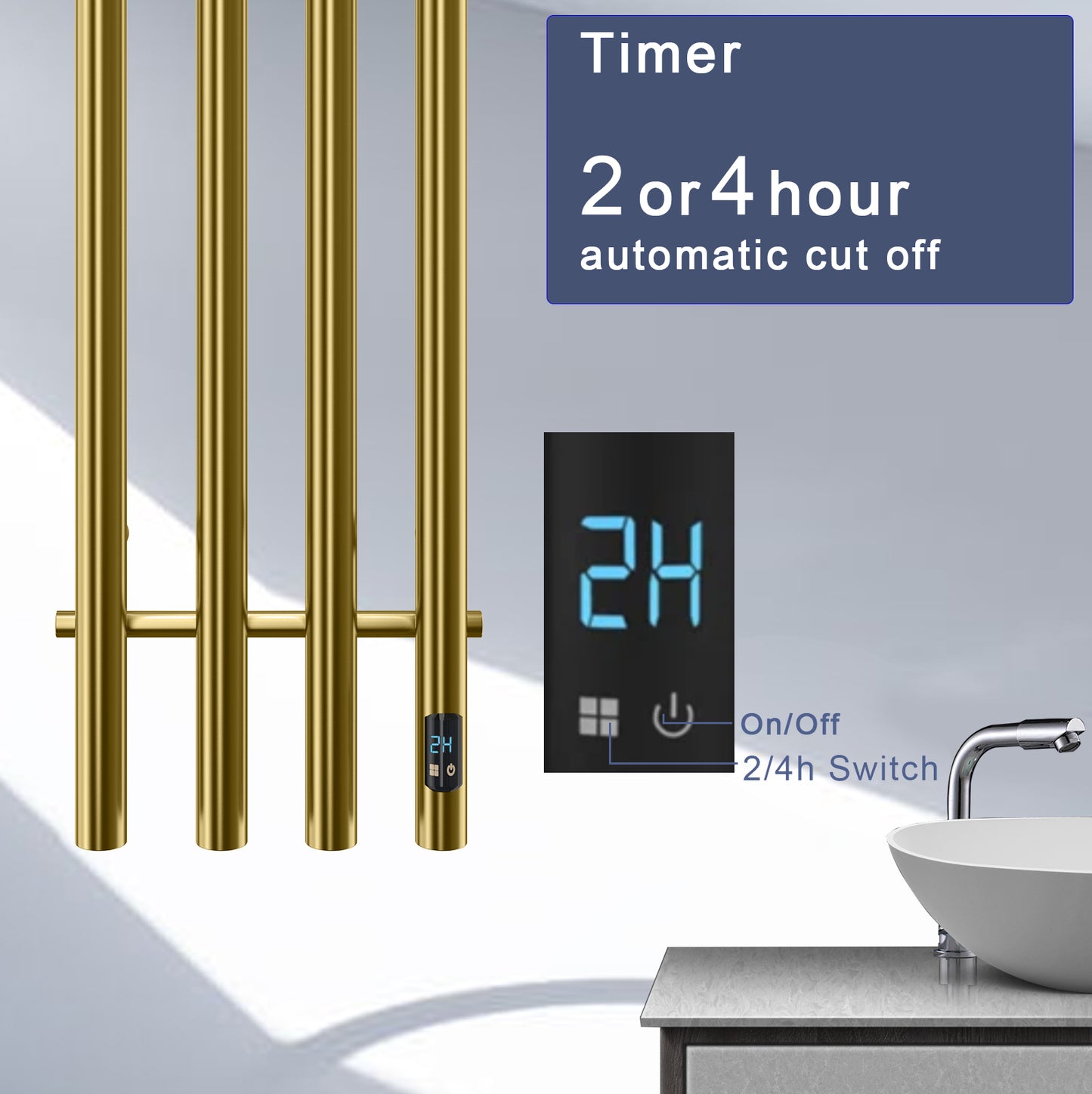 Electric Heated Towel Rack With Timer - Gold,  Wall-Mounted Towel Warmer, 4 Vertical Bars, Plug-In or Hardwired, Round Luxury Design