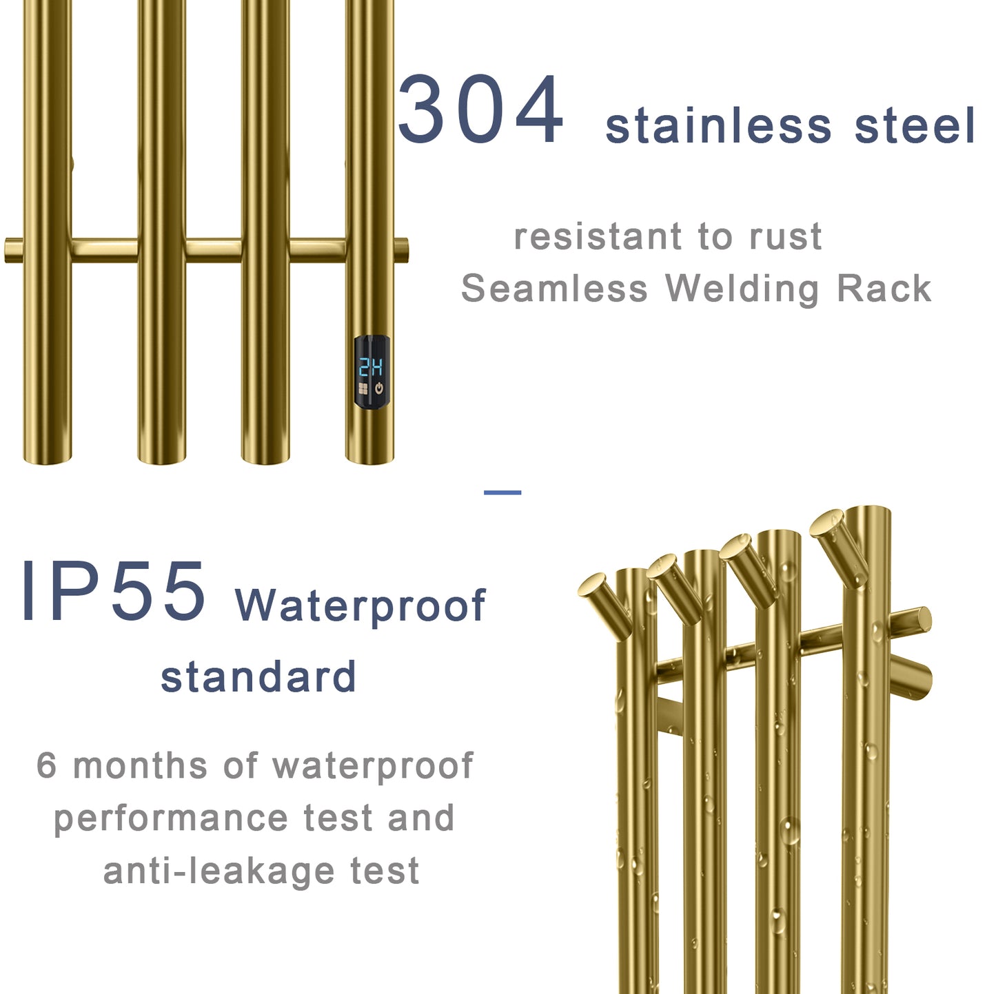 Electric Heated Towel Rack With Timer - Gold,  Wall-Mounted Towel Warmer, 4 Vertical Bars, Plug-In or Hardwired, Round Luxury Design