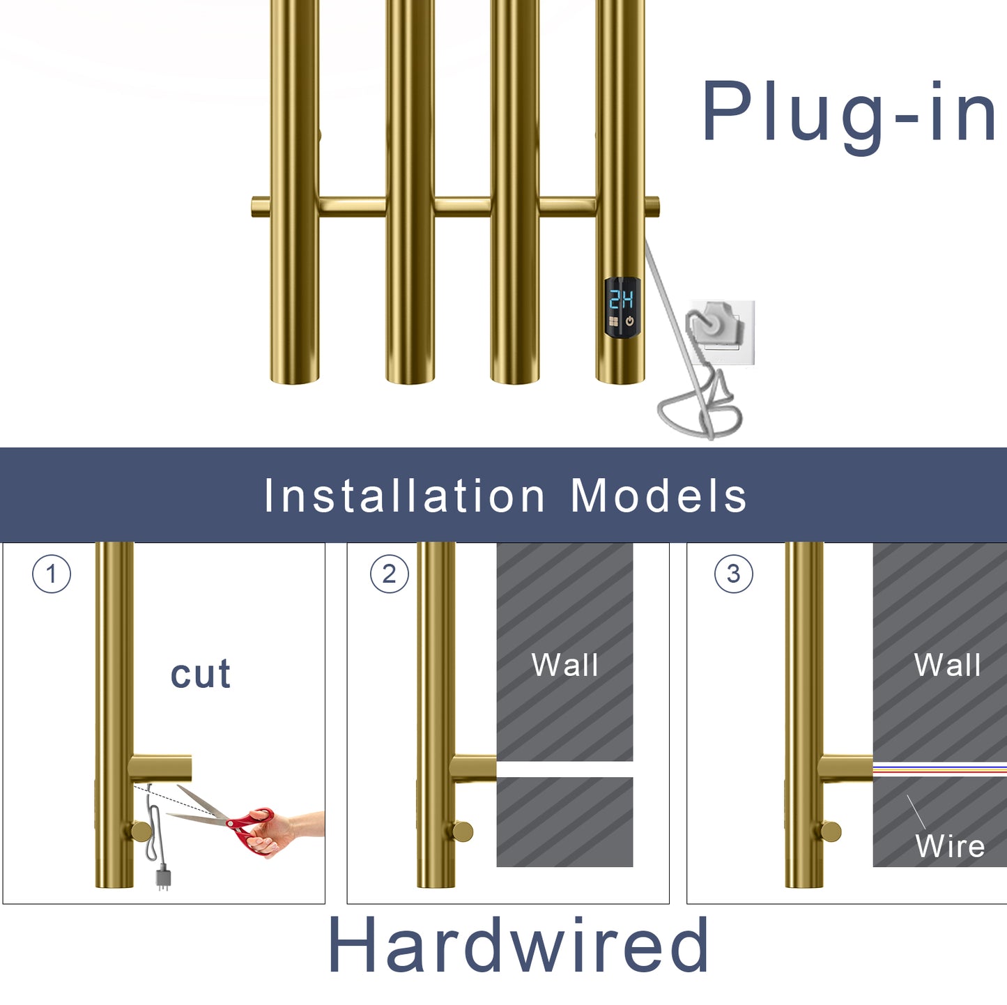 Electric Heated Towel Rack With Timer - Gold,  Wall-Mounted Towel Warmer, 4 Vertical Bars, Plug-In or Hardwired, Round Luxury Design