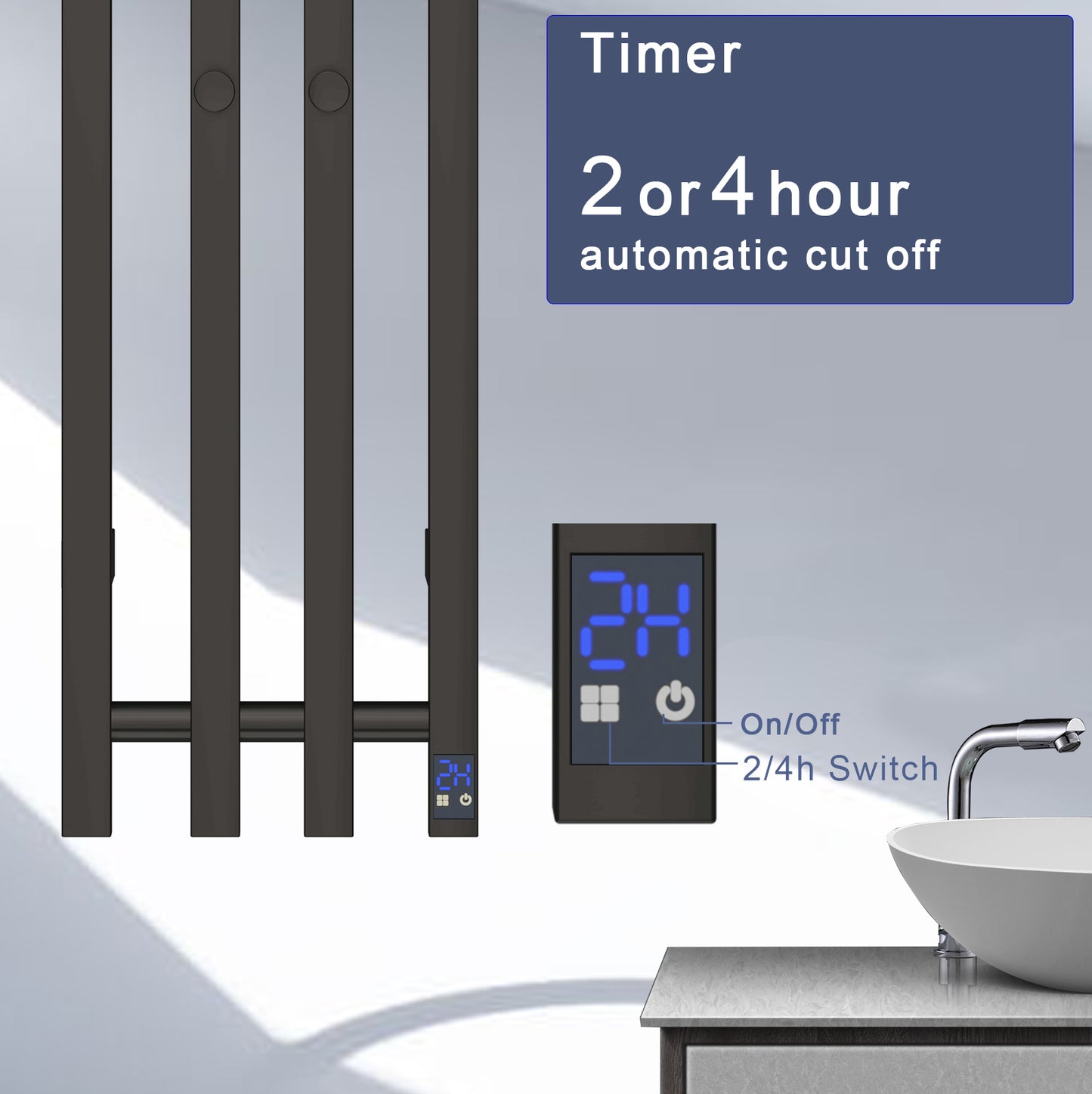 Electric Heated Towel Rack With Timer - Black,  Wall-Mounted Towel Warmer, 4 Vertical Bars, Plug-In or Hardwired, Square Design