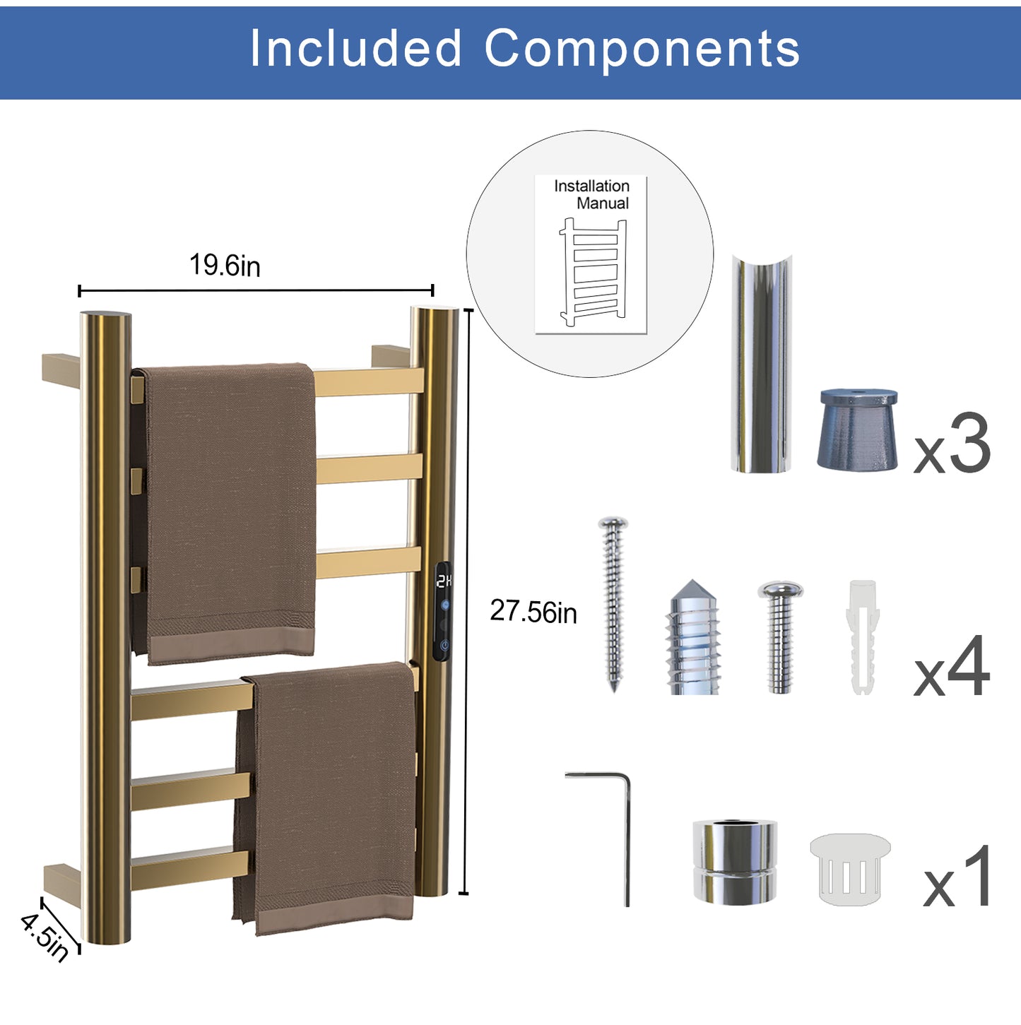 Gold Heated Towel Warmer for Bathroom – 6-Bar Horizontal Rack with Timer, Wall-Mounted, Round Design