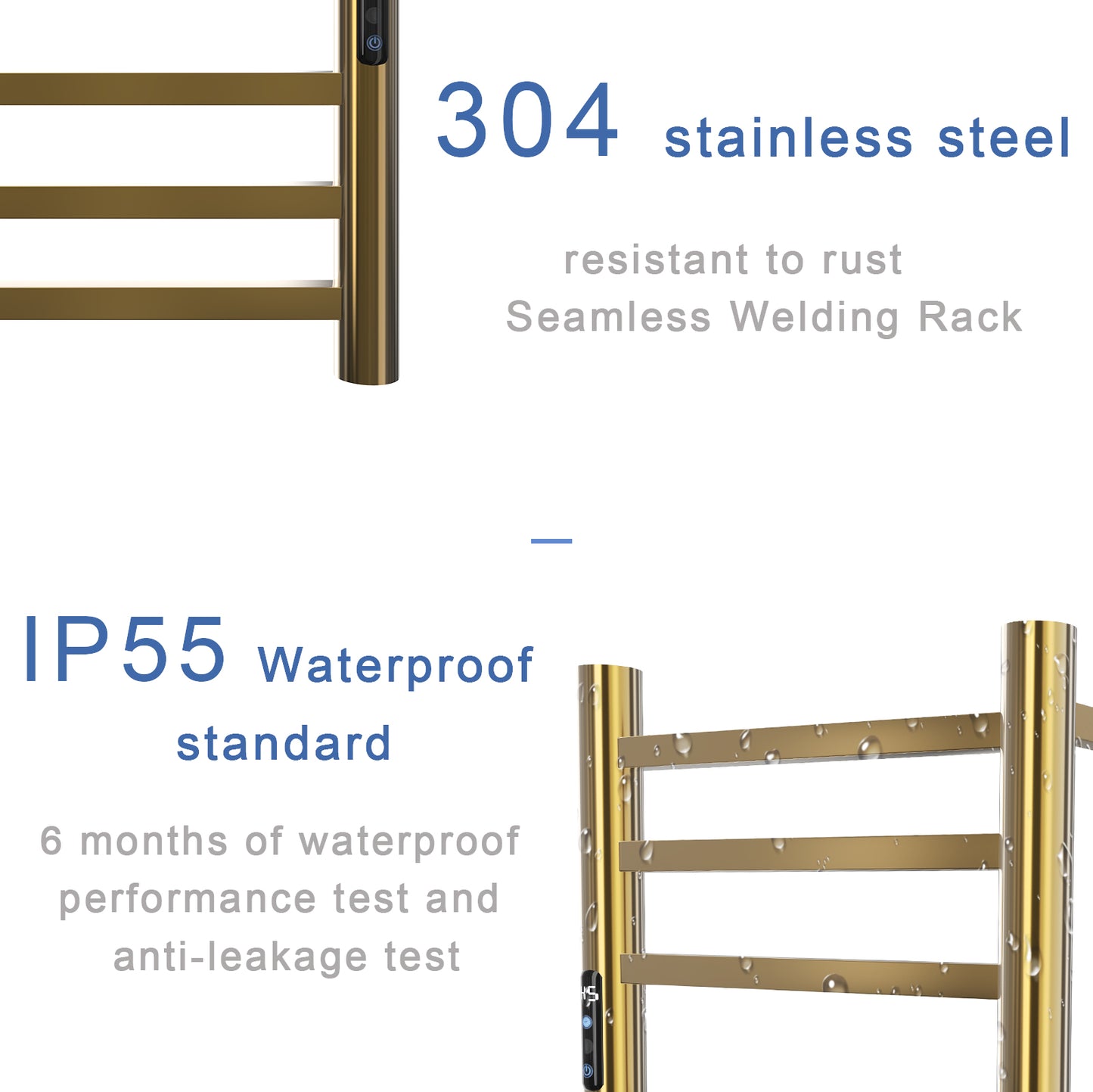 Gold Heated Towel Warmer for Bathroom – 6-Bar Horizontal Rack with Timer, Wall-Mounted, Round Design