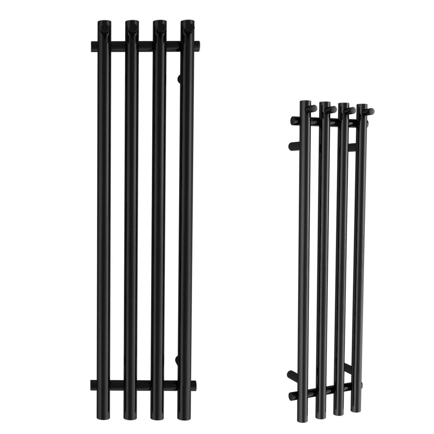 Electric Heated Towel Rack With Timer - Black,  Wall-Mounted Towel Warmer, 4 Vertical Bars, Plug-In or Hardwired, Round Luxury Design