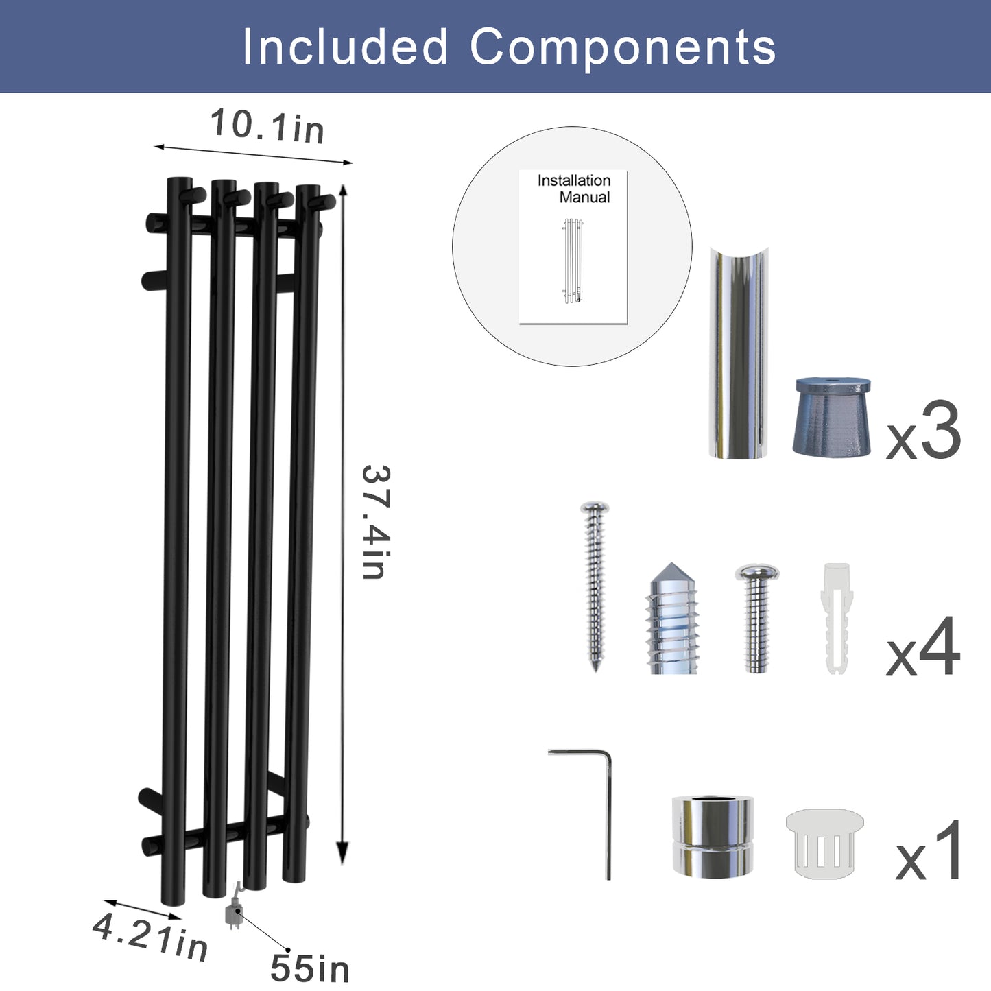 Electric Heated Towel Rack With Timer - Black,  Wall-Mounted Towel Warmer, 4 Vertical Bars, Plug-In or Hardwired, Round Luxury Design