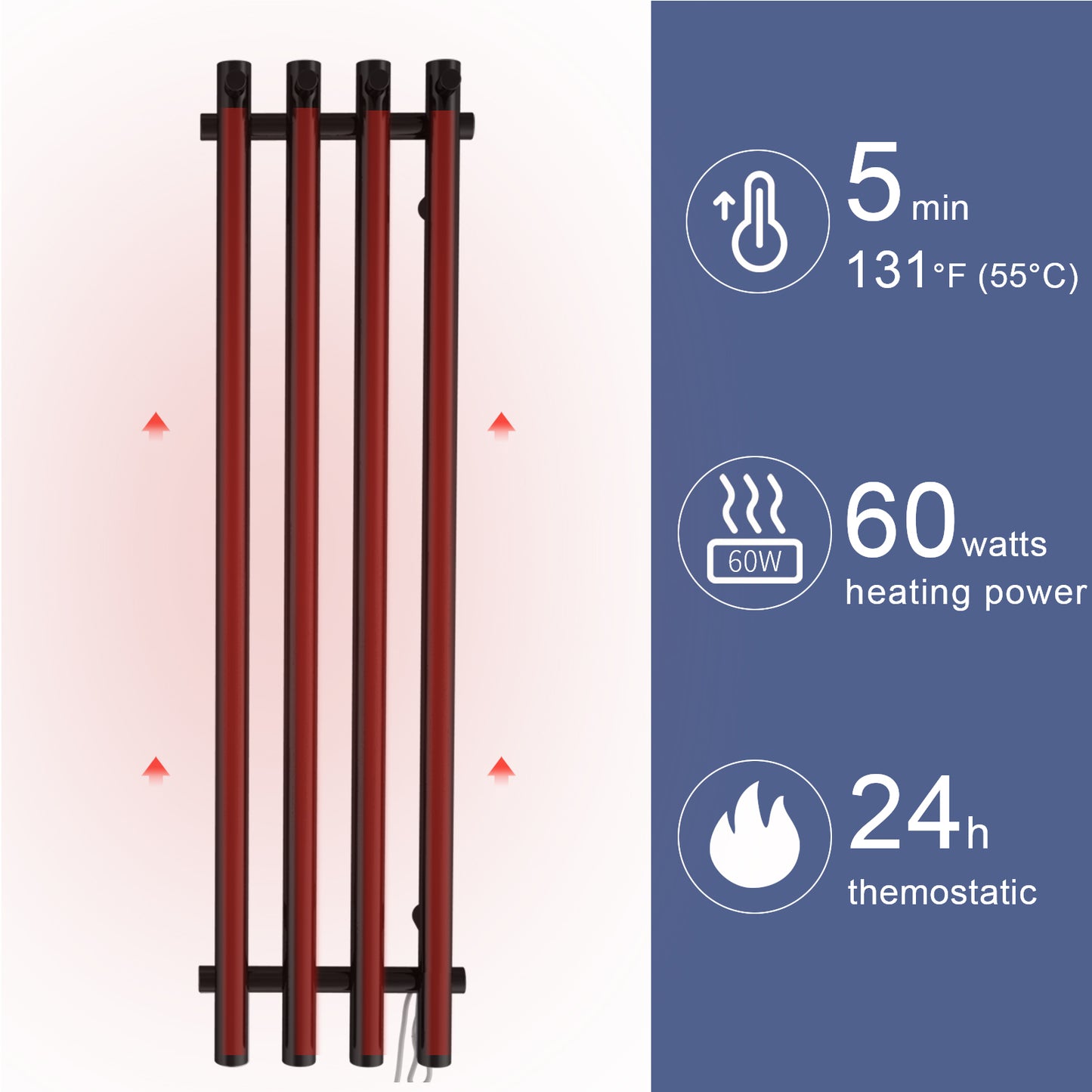 Electric Heated Towel Rack With Timer - Black,  Wall-Mounted Towel Warmer, 4 Vertical Bars, Plug-In or Hardwired, Round Luxury Design