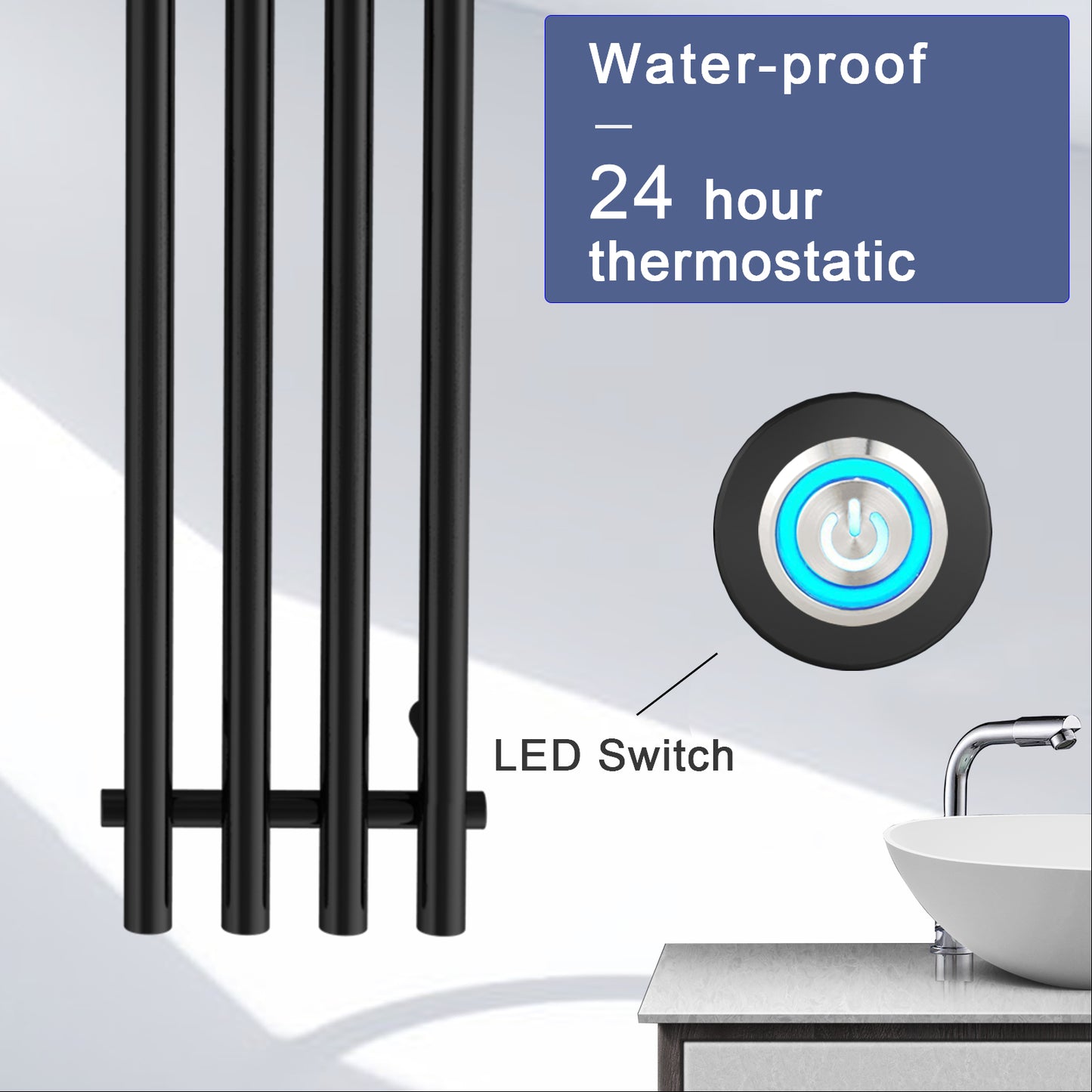 Electric Heated Towel Rack With Timer - Black,  Wall-Mounted Towel Warmer, 4 Vertical Bars, Plug-In or Hardwired, Round Luxury Design