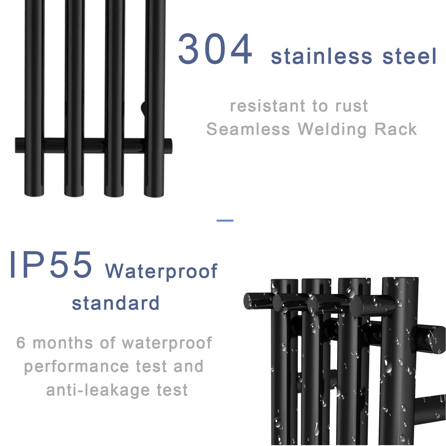 Electric Heated Towel Rack With Timer - Black,  Wall-Mounted Towel Warmer, 4 Vertical Bars, Plug-In or Hardwired, Round Luxury Design