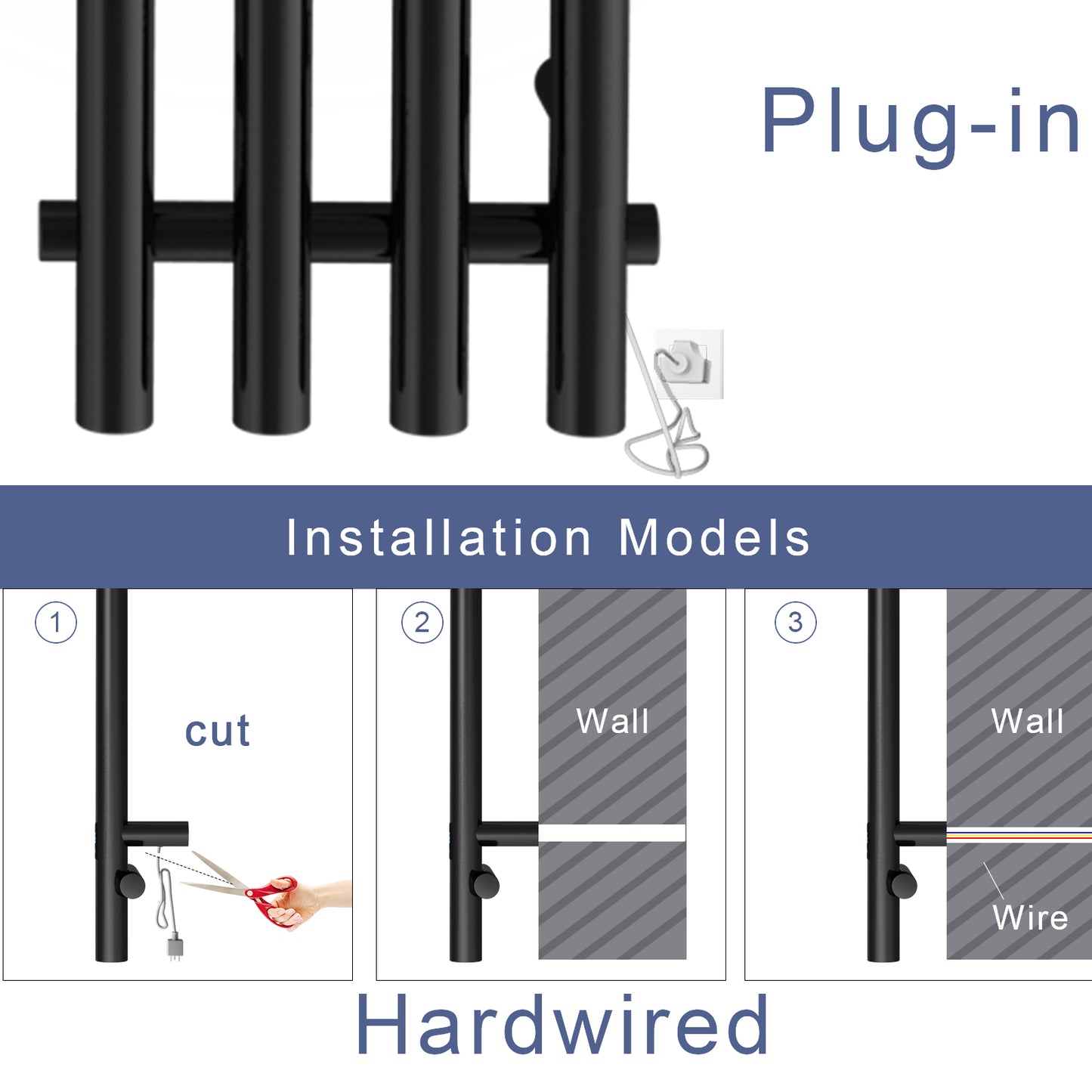Electric Heated Towel Rack With Timer - Black,  Wall-Mounted Towel Warmer, 4 Vertical Bars, Plug-In or Hardwired, Round Luxury Design