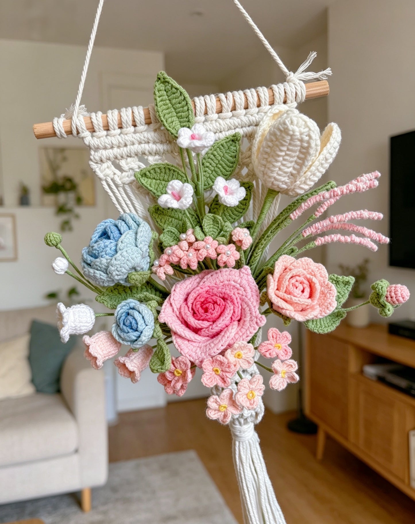 Handmade Crochet Flower Wall Hanging Bouquet, Boho Macrame Floral Wall Decor with Wooden Dowel, Pastel Knitted Rose Tulip Lily Flowers for Bedroom Nursery Entryway, Handmade Housewarming Birthday Gift
