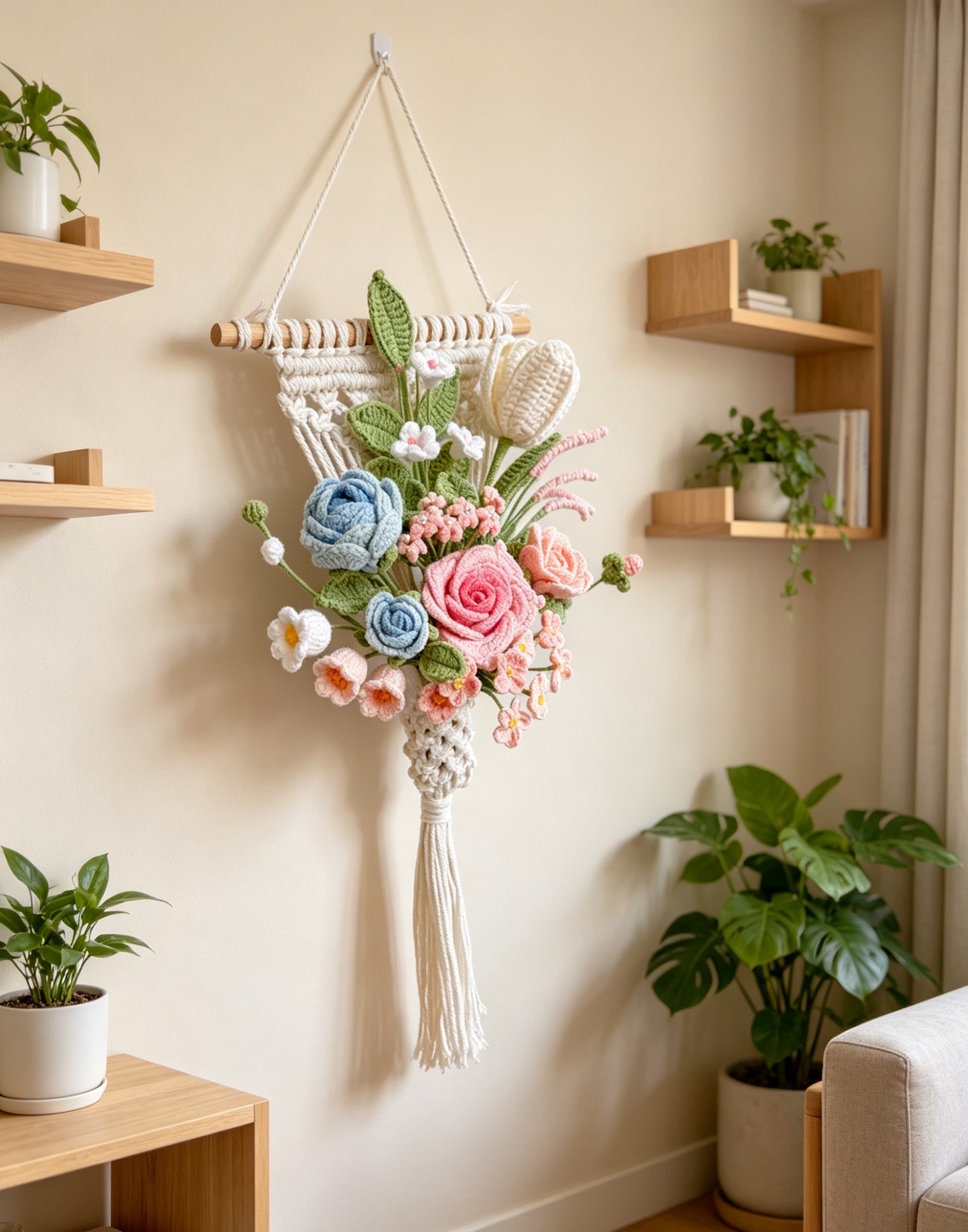 Handmade Crochet Flower Wall Hanging Bouquet, Boho Macrame Floral Wall Decor with Wooden Dowel, Pastel Knitted Rose Tulip Lily Flowers for Bedroom Nursery Entryway, Handmade Housewarming Birthday Gift
