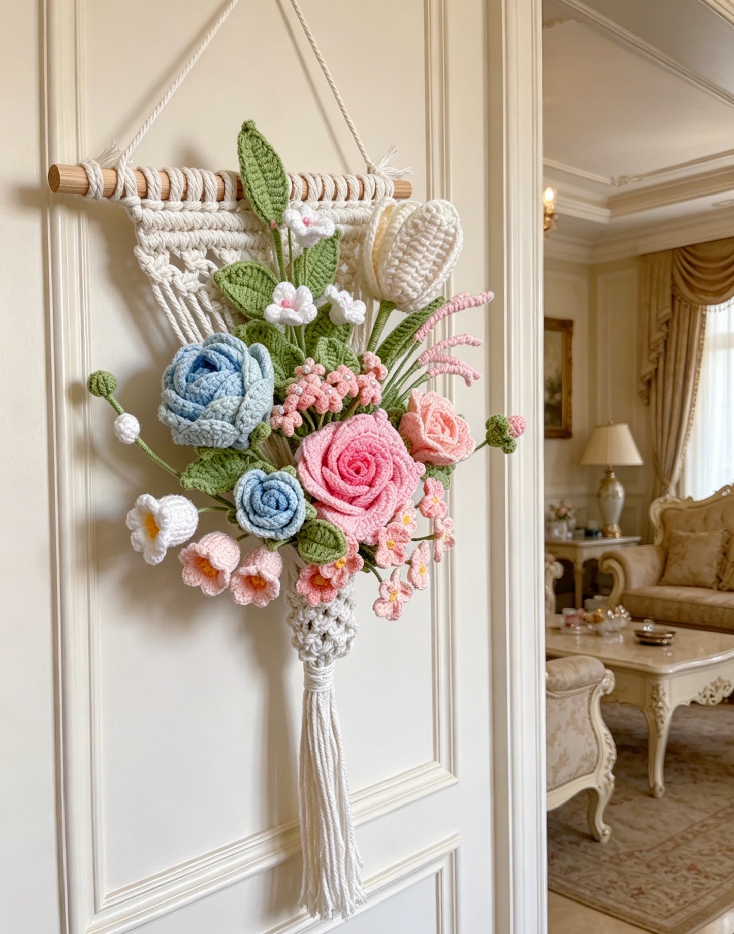 Handmade Crochet Flower Wall Hanging Bouquet, Boho Macrame Floral Wall Decor with Wooden Dowel, Pastel Knitted Rose Tulip Lily Flowers for Bedroom Nursery Entryway, Handmade Housewarming Birthday Gift