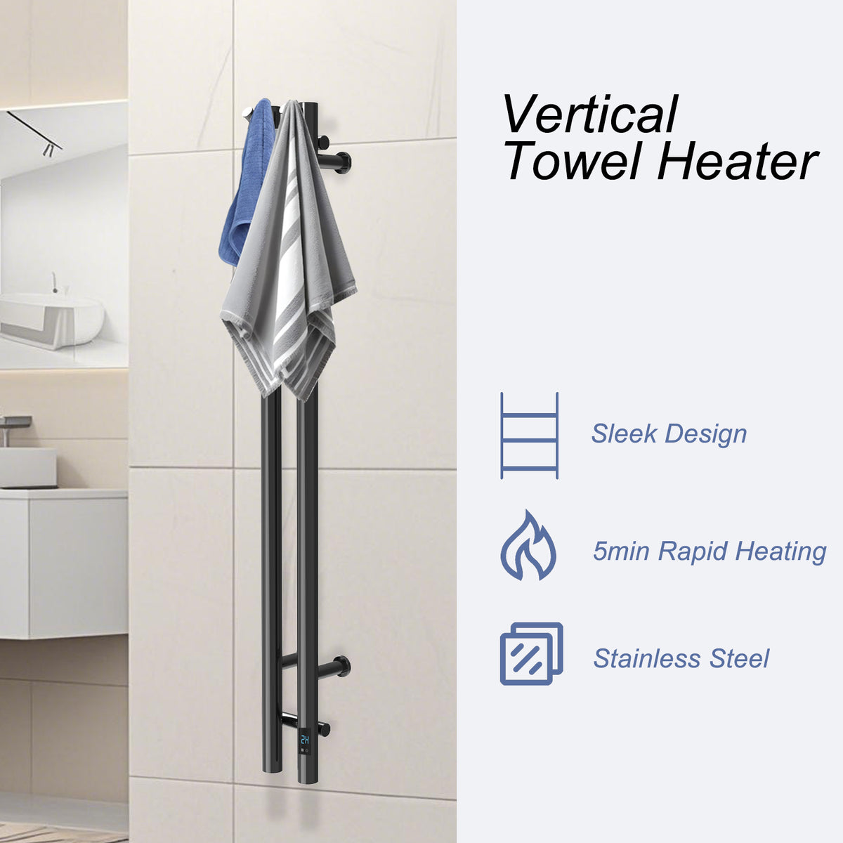 Black 2-Bar Heated Towel Rack with Timer wall-mounted view