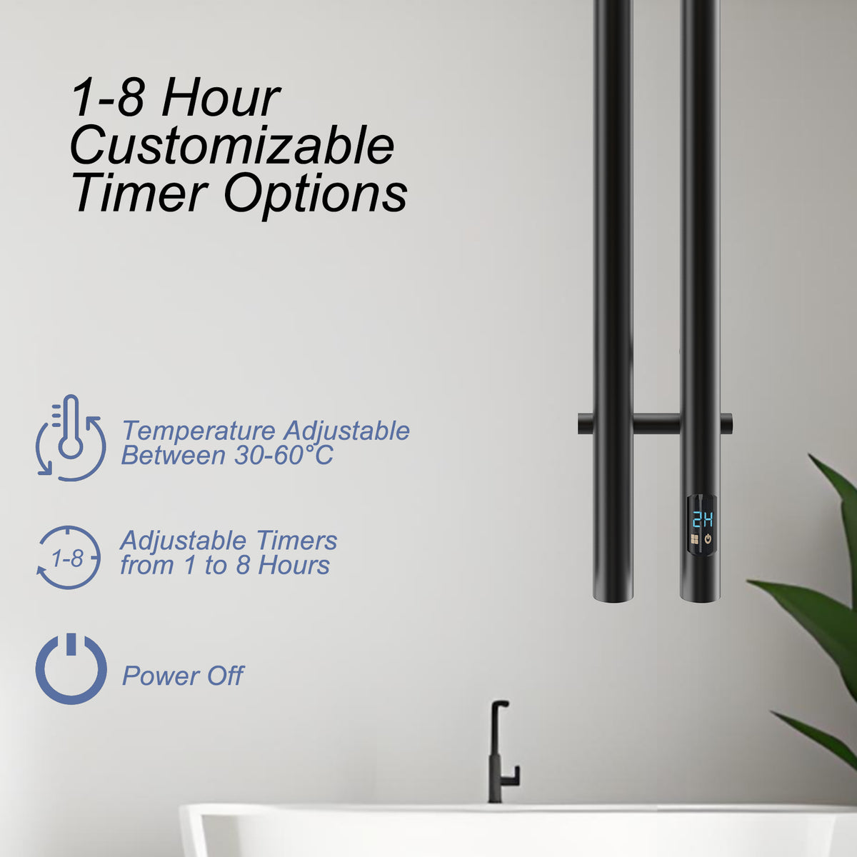 Black 2-Bar Heated Towel Rack with Timer bathroom towel warmer view