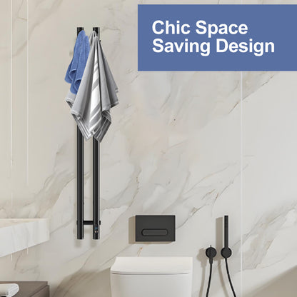 Black 2-bar towel warmer in a compact bathroom with space-saving wall mount design