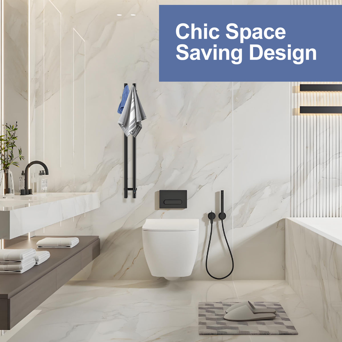 Black 2-bar towel warmer mounted beside a bathroom vanity and shower