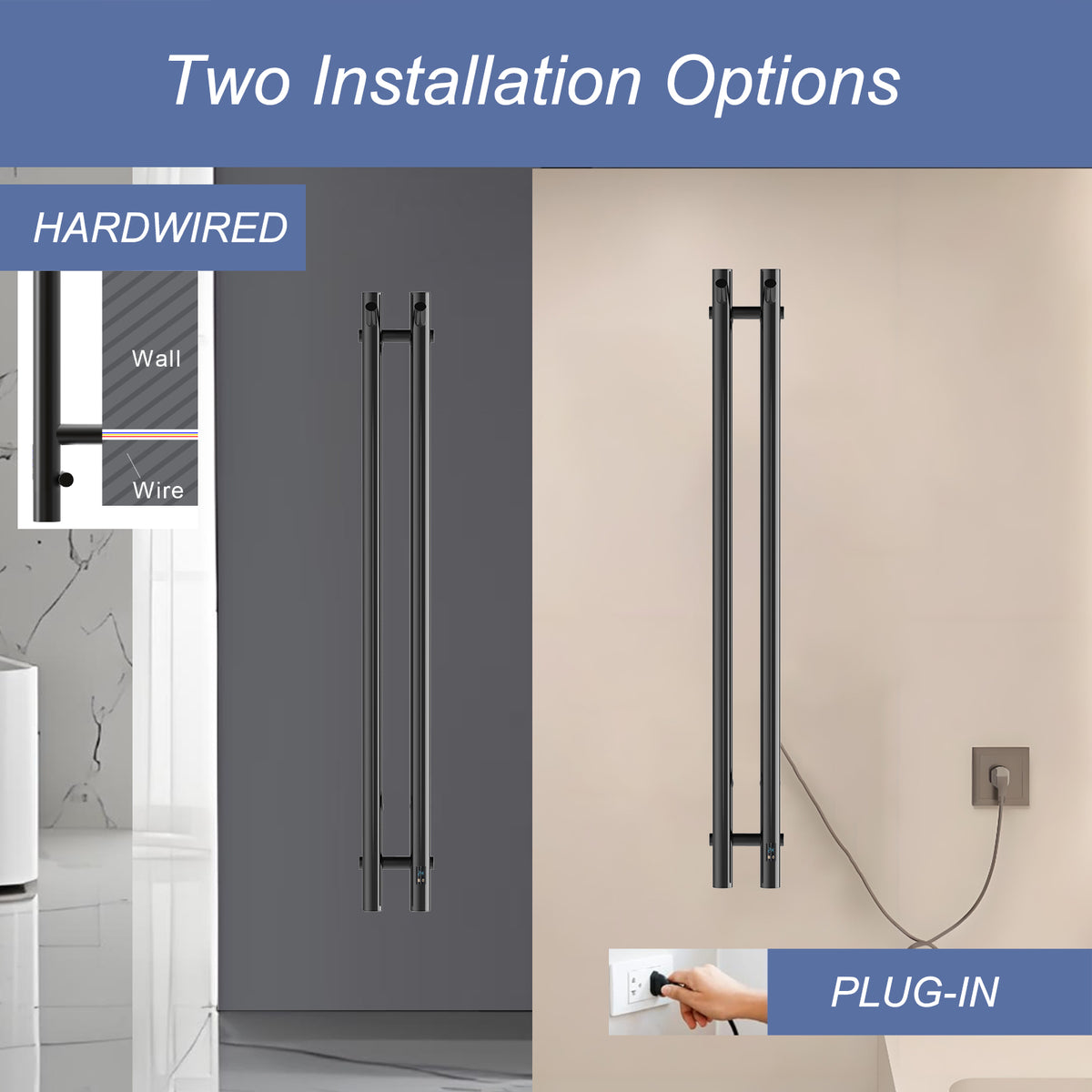 Black 2-bar towel warmer with hardwired and plug-in installation options