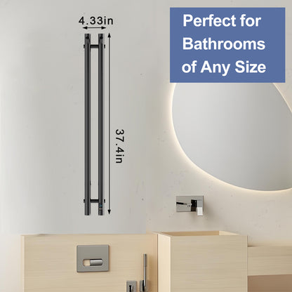 Black 2-bar towel warmer dimensions showing 37.4 inch height and 4.33 inch width