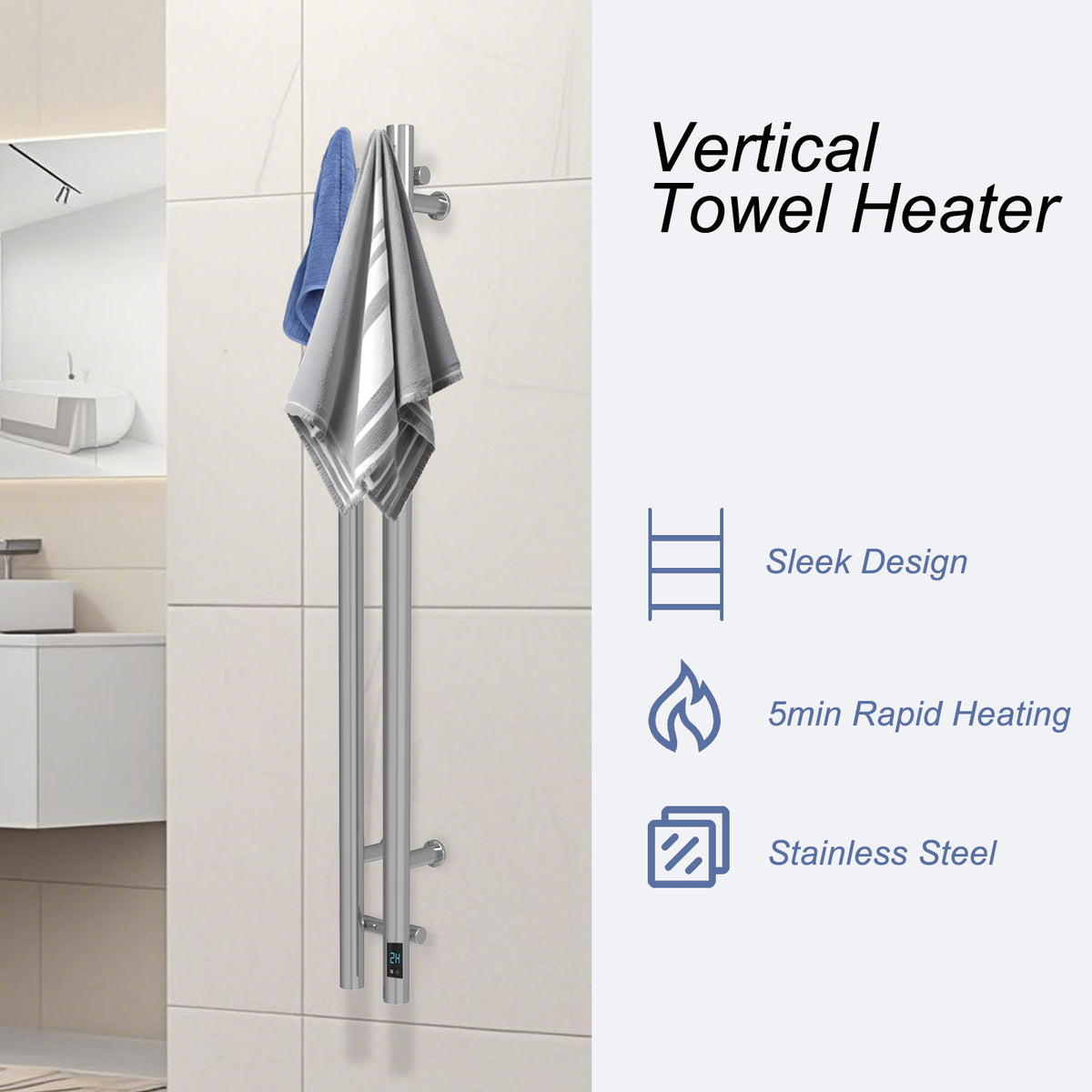 Silver 2-Bar Heated Towel Rack with Timer wall-mounted view