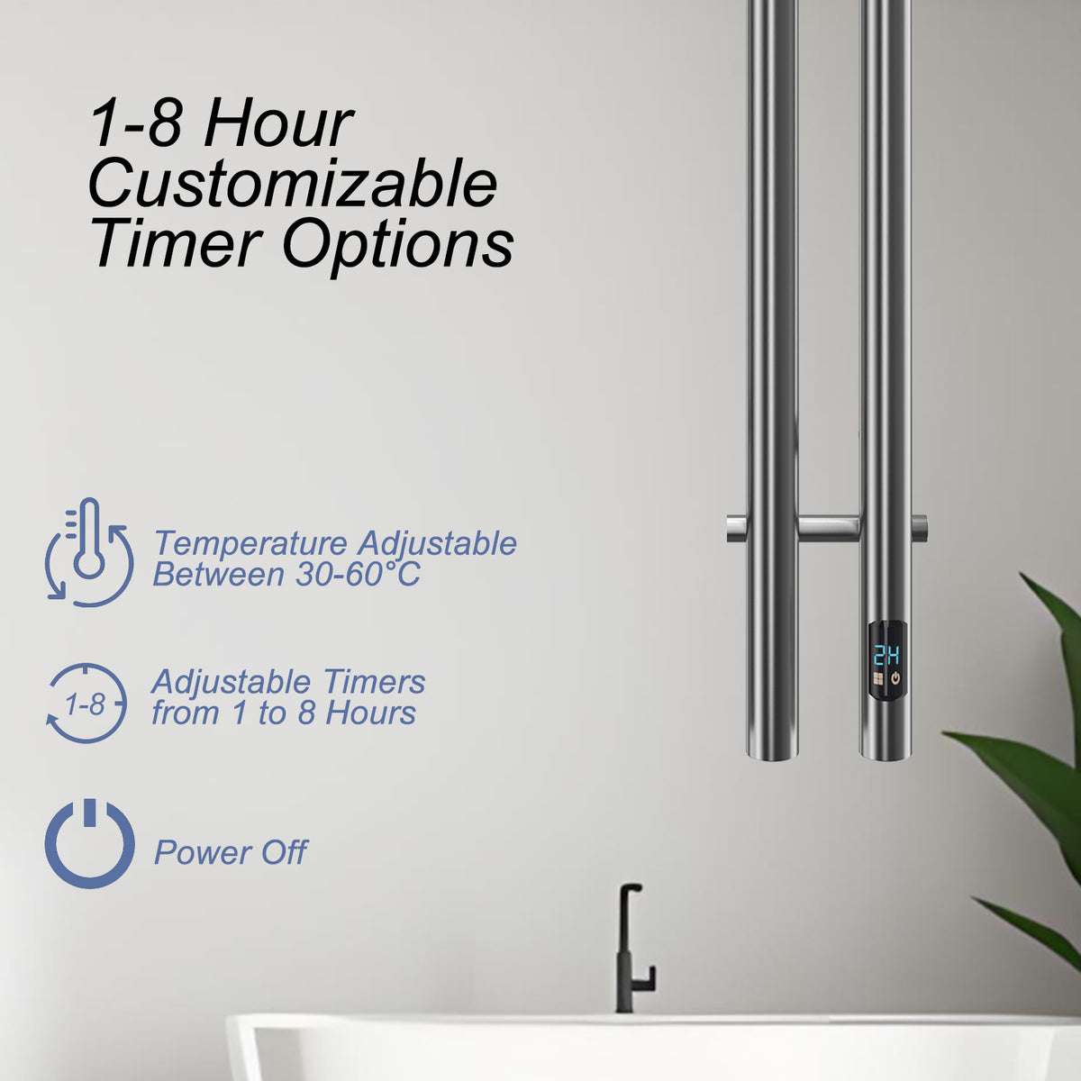 Silver 2-Bar Heated Towel Rack with Timer bathroom towel warmer view