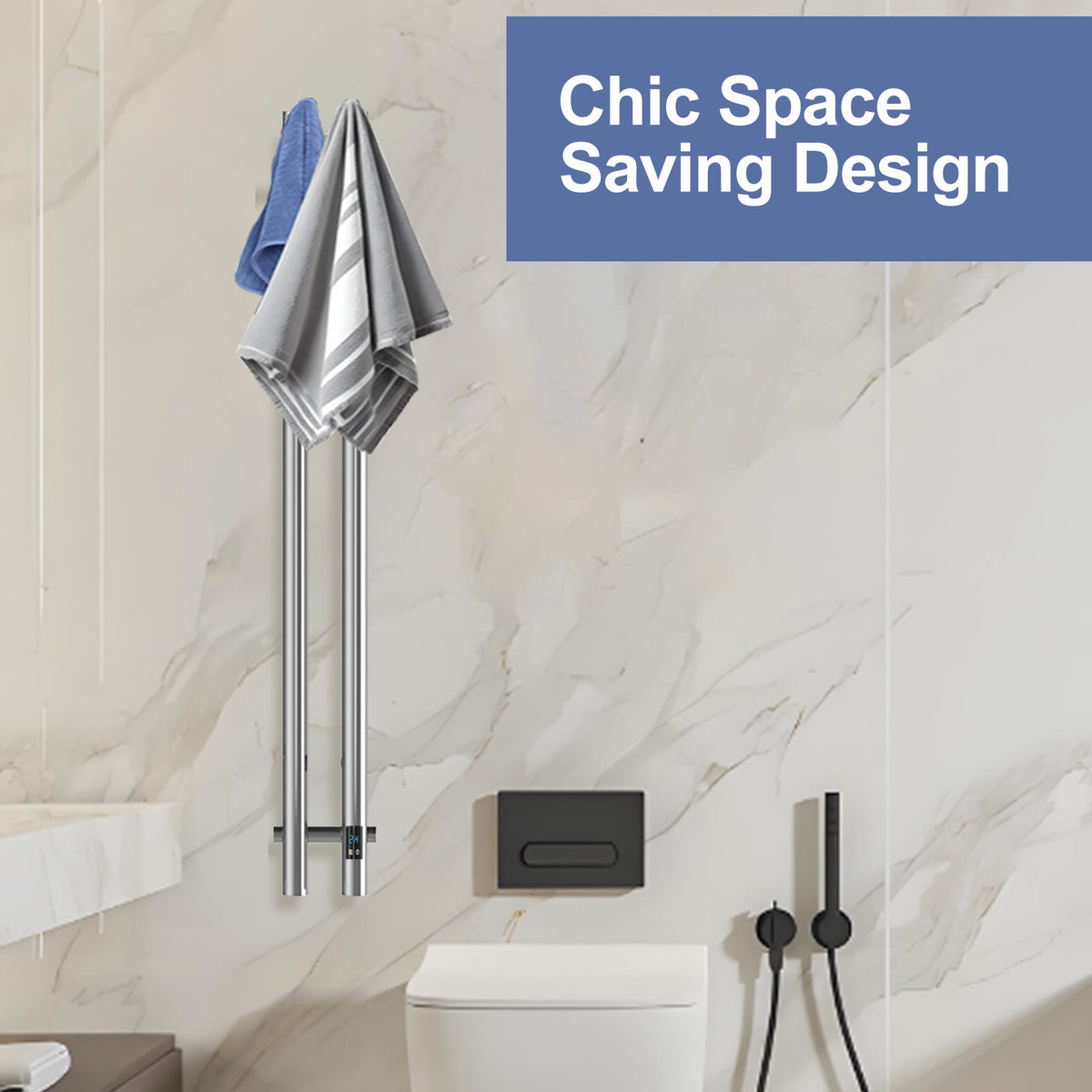 Silver 2-bar towel warmer in a compact bathroom with space-saving wall mount design