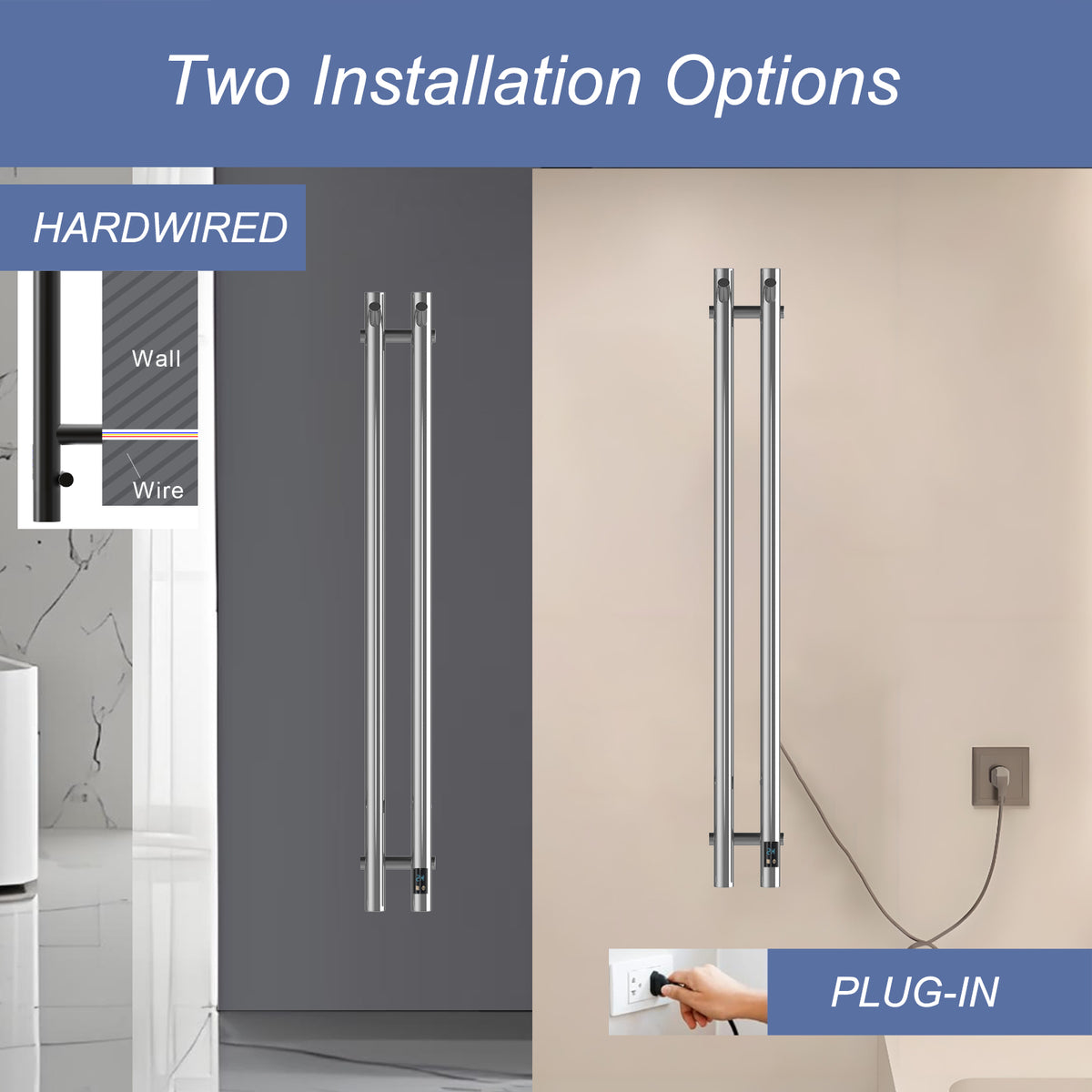 Silver 2-bar towel warmer with hardwired and plug-in installation options