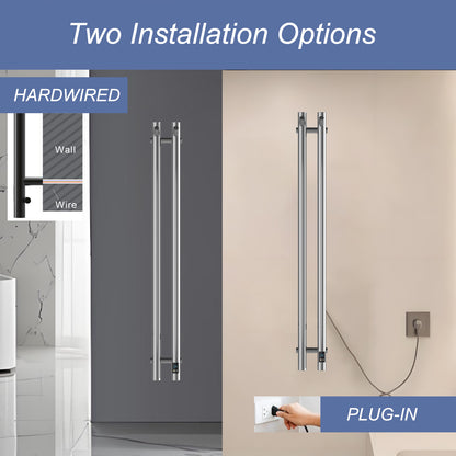 Silver 2-bar towel warmer with hardwired and plug-in installation options