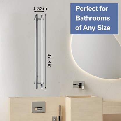 Silver 2-bar towel warmer dimensions showing 37.4 inch height and 4.33 inch width