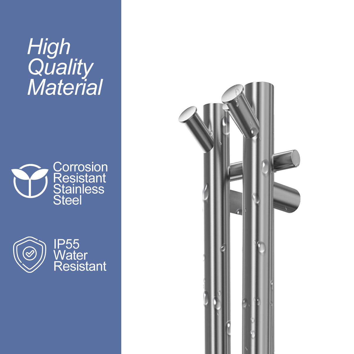 Silver 2-bar towel warmer stainless steel and IP55 water-resistant material detail