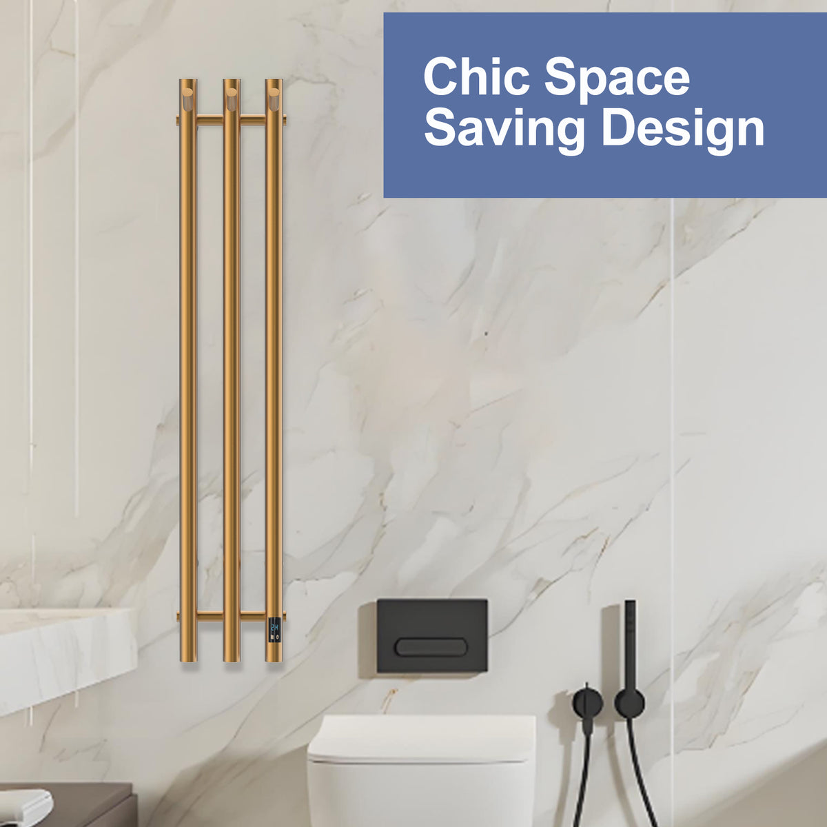 Gold 3-bar towel warmer in a compact bathroom with space-saving wall mount design