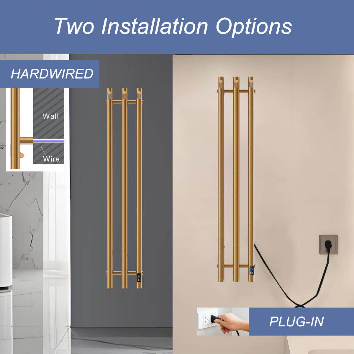Gold 3-bar towel warmer with hardwired and plug-in installation options