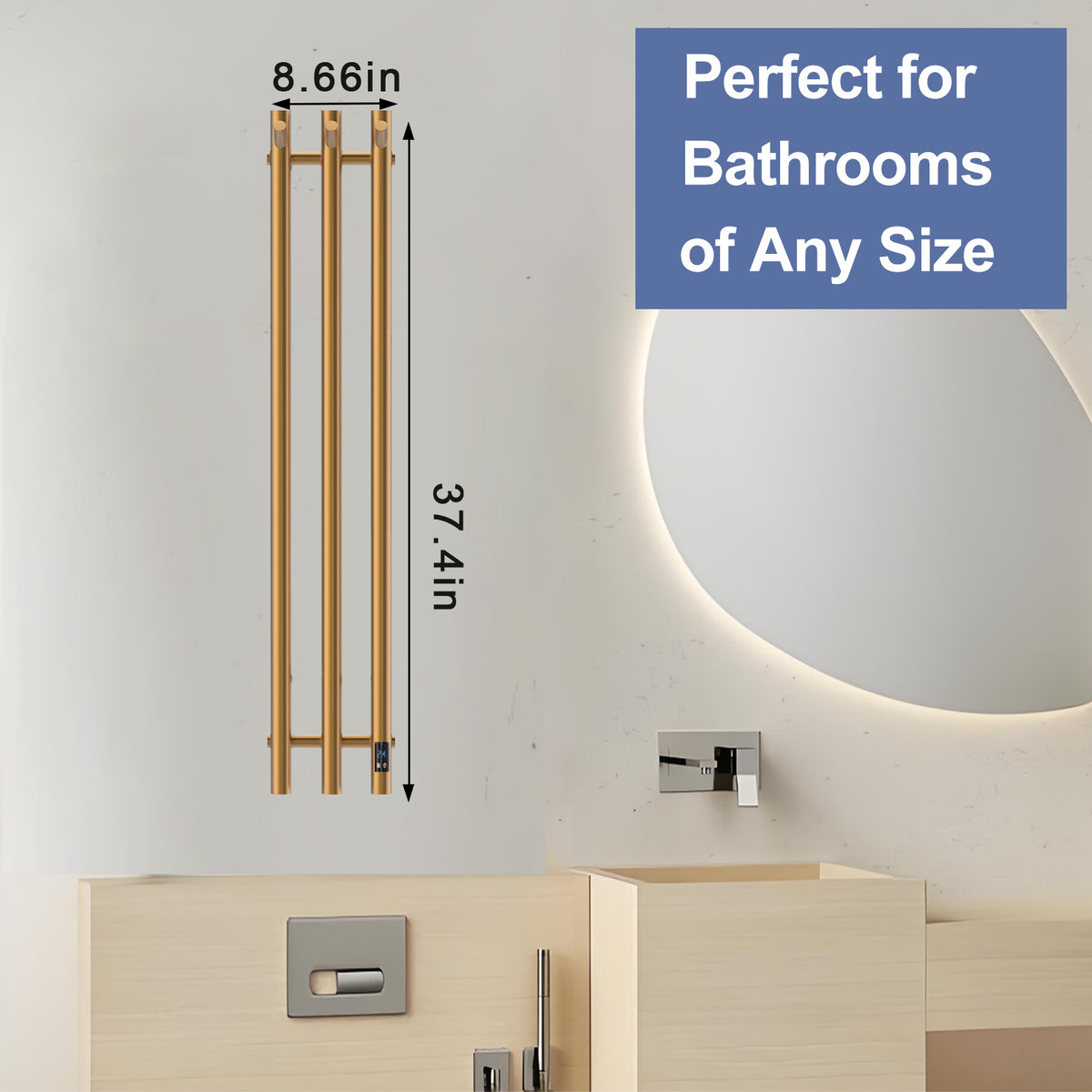 Gold 3-bar towel warmer dimensions showing 37.4 inch height and 8.66 inch width